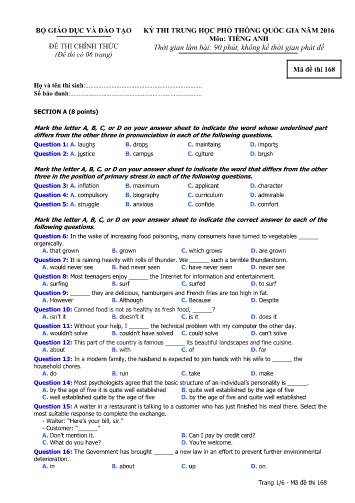 Đề thi THPT quốc gia năm 2016 môn Tiếng Anh - Mã đề 168 (Kèm đáp án)
