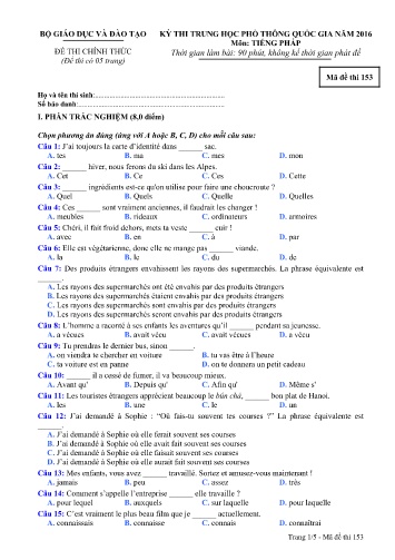 Đề thi THPT quốc gia năm 2016 môn Tiếng Pháp - Mã đề 153 (Kèm đáp án)