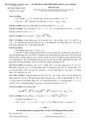 Đề thi THPT quốc gia năm 2016 môn Toán (Kèm đáp án)