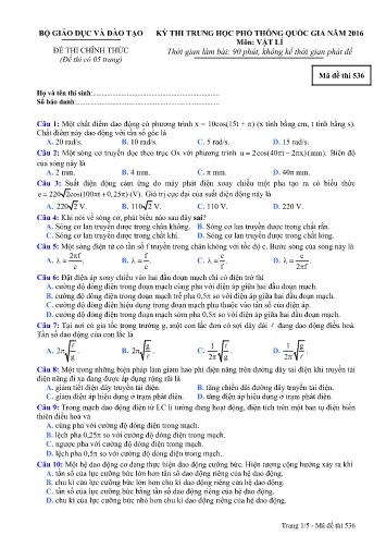 Đề thi THPT quốc gia năm 2016 môn Vật lí - Mã đề 536 (Kèm đáp án)