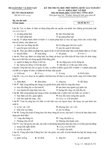Đề thi THPT quốc gia năm 2019 môn Giáo dục công dân - Mã đề 001
