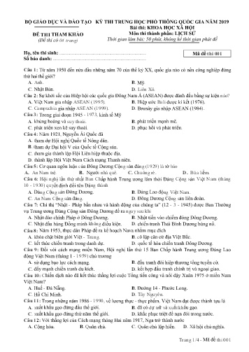 Đề thi THPT quốc gia năm 2019 môn Lịch sử - Mã đề 001