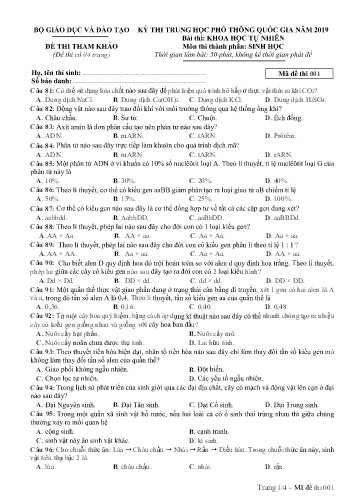 Đề thi THPT quốc gia năm 2019 môn Sinh học - Mã đề 001