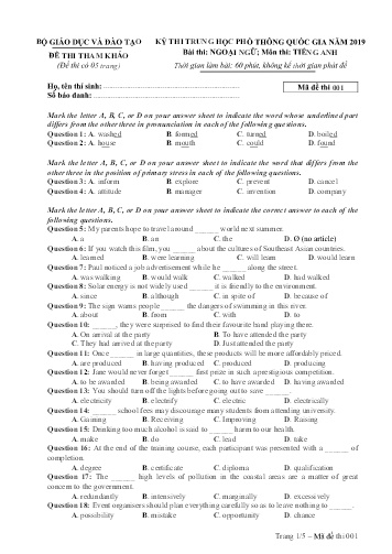 Đề thi THPT quốc gia năm 2019 môn Tiếng Anh - Mã đề 001