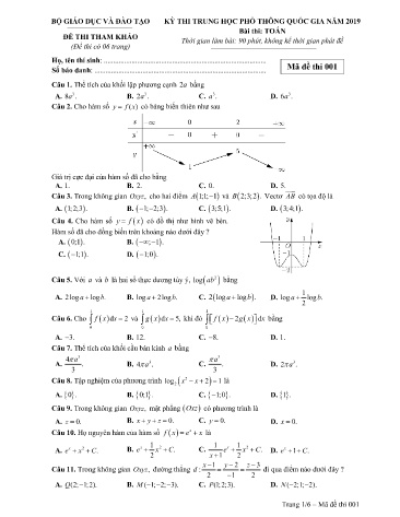 Đề thi THPT quốc gia năm 2019 môn Toán - Mã đề 001
