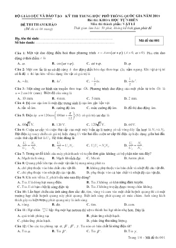 Đề thi THPT quốc gia năm 2019 môn Vật lí - Mã đề 001