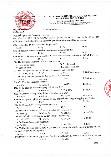 Đề thi THPT quốc gia năm 2020 môn Hóa học