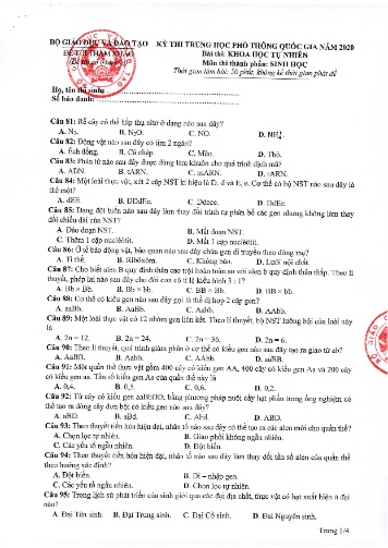 Đề thi THPT quốc gia năm 2020 môn Sinh học