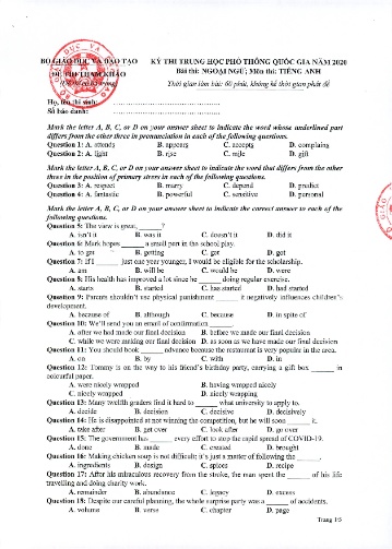 Đề thi THPT quốc gia năm 2020 môn Tiếng Anh