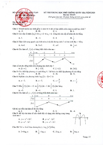 Đề thi THPT quốc gia năm 2020 môn Toán