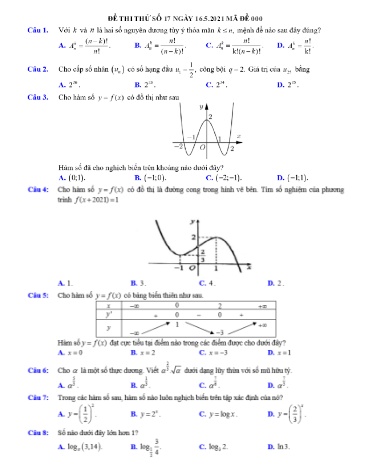 Đề thi thử THPT môn Toán - Mã đề 000 - Năm học 2020-2021