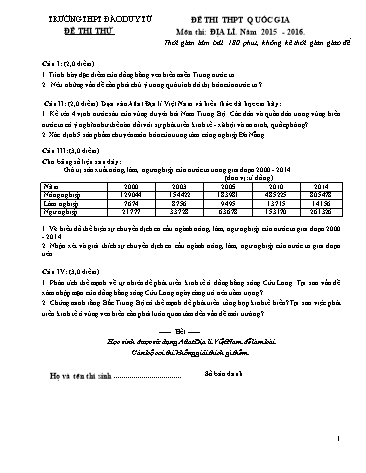 Đề thi thử THPT quốc gia môn Địa lí - Năm học 2015-1016 - Trường THPT Đào Duy Từ (Có đáp án)