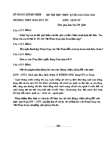Đề thi thử THPT quốc gia năm 2016 môn Lịch sử - Trường THPT Đào Duy Từ (Kèm đáp án)