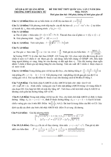 Đề thi thử THPT quốc gia năm 2016 môn Toán (Lần 2) - Trường THPT Đào Duy Từ (Có đáp án)