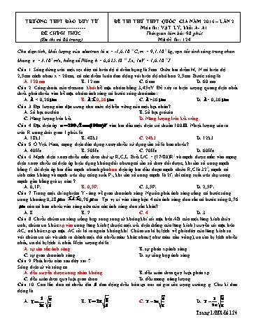 Đề thi thử THPT quốc gia năm 2016 môn Vật lí Khối A+A1 (Lần 2) - Mã đề 124 - Trường THPT Đào Duy Từ (Có đáp án)