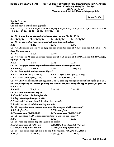 Đề thi thử THPT quốc gia năm 2017 môn Hóa học - Mã đề 001 - Sở GD&ĐT Quảng Bình (Kèm đáp án)