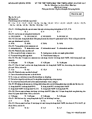 Đề thi thử THPT quốc gia năm 2017 môn Hóa học - Mã đề 004 - Sở GD&ĐT Quảng Bình (Kèm đáp án)