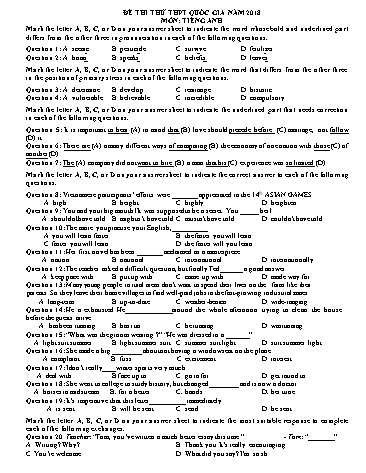 Đề thi thử THPT quốc gia năm 2018 môn Tiếng Anh - Nguyễn Thị Thu Thủy (Có đáp án)