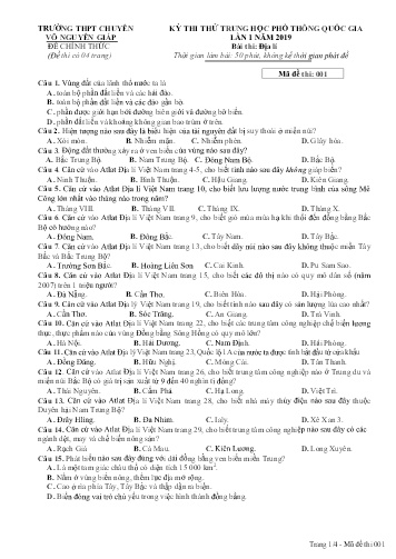 Đề thi thử THPT quốc gia năm 2019 môn Địa lí (Lần 1) - Mã đề 001 - Trường THPT chuyên Võ Nguyên Giáp