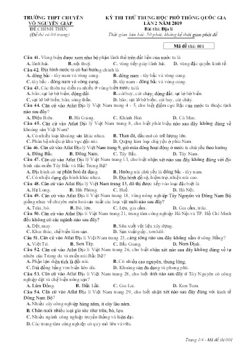 Đề thi thử THPT quốc gia năm 2019 môn Địa lí (Lần 2) - Mã đề 001 - Trường THPT chuyên Võ Nguyên Giáp (Có đáp án)