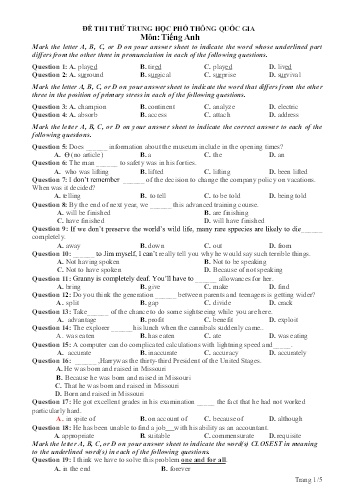Đề thi thử THPT quốc gia năm 2019 môn Tiếng Anh (Có đáp án)