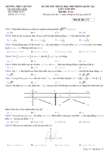 Đề thi thử THPT quốc gia năm 2019 môn Toán (Lần 1) - Mã đề 132 - Trường THPT chuyên Võ Nguyên Giáp
