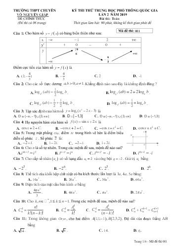 Đề thi thử THPT quốc gia năm 2019 môn Toán (Lần 2) - Mã đề 001 - Trường THPT chuyên Võ Nguyên Giáp