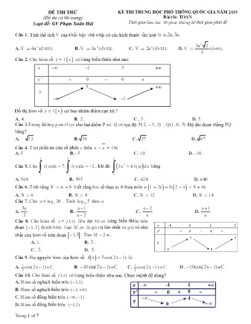 Đề thi thử THPT quốc gia năm 2019 môn Toán - Phạm Xuân Hải (Có đáp án)