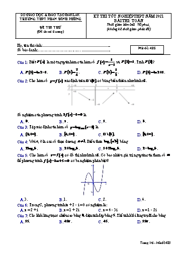 Đề thi thử tốt nghiệp THPT quốc gia năm 2021 môn Toán - Mã đề 485 - Trường THPT Phan Đình Phùng (Kèm đáp án)