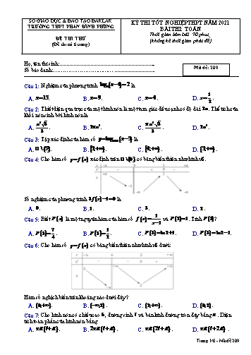 Đề thi thử tốt nghiệp THPT quốc gia năm 2021 môn Toán - Mã đề 209 - Trường THPT Phan Đình Phùng (Kèm đáp án)