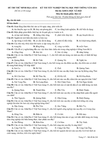 Đề thi tốt nghiệp THPT năm 2021 môn Địa lí - Đề minh họa số 01 (Có đáp án)