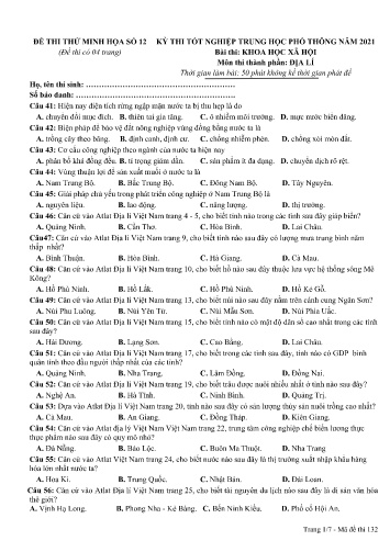 Đề thi tốt nghiệp THPT năm 2021 môn Địa lí - Đề minh họa số 12 (Có đáp án)