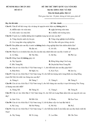 Đề thi tốt nghiệp THPT năm 2021 môn Địa lí - Đề minh họa số 13 (Có đáp án)