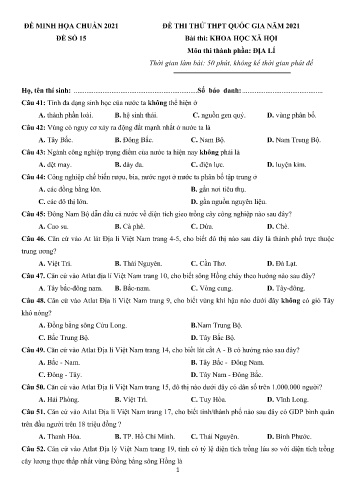 Đề thi tốt nghiệp THPT năm 2021 môn Địa lí - Đề minh họa số 15 (Có đáp án)