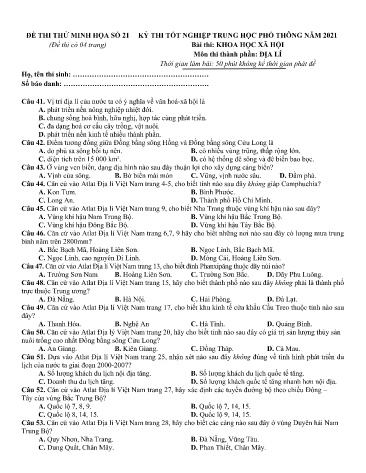 Đề thi tốt nghiệp THPT năm 2021 môn Địa lí - Đề minh họa số 21 (Có đáp án)
