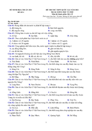 Đề thi tốt nghiệp THPT năm 2021 môn Địa lí - Đề minh họa số 4 (Có đáp án)
