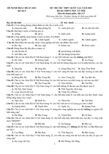 Đề thi tốt nghiệp THPT năm 2021 môn Địa lí - Đề minh họa số 9 (Có đáp án)
