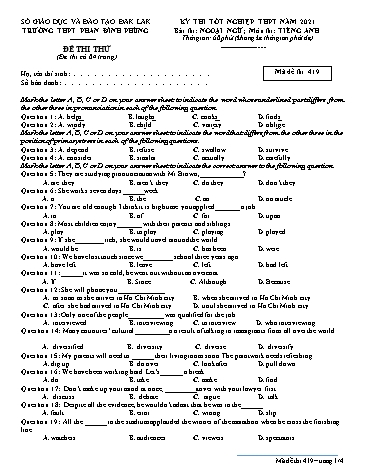 Đề thi tốt nghiệp THPT năm 2021 môn Tiếng Anh - Mã đề 419 - Trường THPT Phan Đình Phùng (Kèm đáp án)