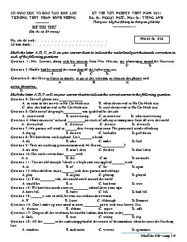 Đề thi tốt nghiệp THPT năm 2021 môn Tiếng Anh - Mã đề 420 - Trường THPT Phan Đình Phùng (Kèm đáp án)