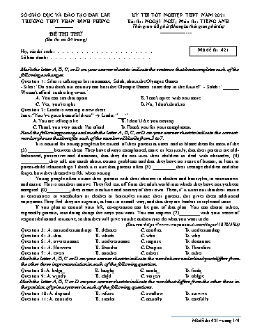 Đề thi tốt nghiệp THPT năm 2021 môn Tiếng Anh - Mã đề 421 - Trường THPT Phan Đình Phùng (Kèm đáp án)