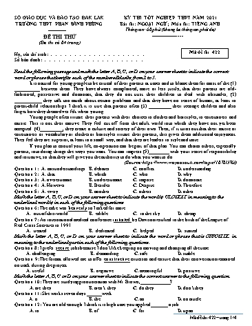 Đề thi tốt nghiệp THPT năm 2021 môn Tiếng Anh - Mã đề 422 - Trường THPT Phan Đình Phùng (Kèm đáp án)