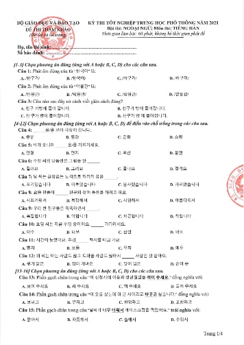Đề thi tốt nghiệp THPT năm 2021 môn Tiếng Hàn