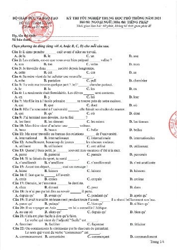 Đề thi tốt nghiệp THPT năm 2021 môn Tiếng Pháp