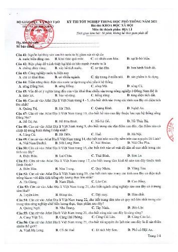 Đề thi tốt nghiệp THPT quốc gia năm 2021 môn Địa lí