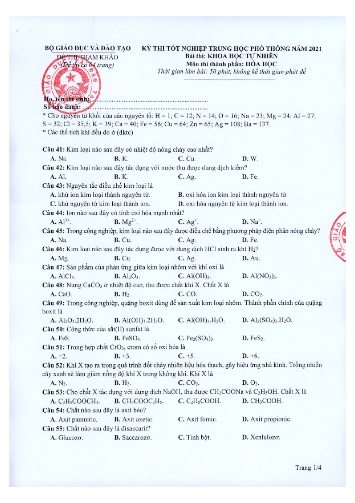 Đề thi tốt nghiệp THPT quốc gia năm 2021 môn Hóa học