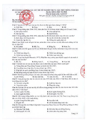 Đề thi tốt nghiệp THPT quốc gia năm 2021 môn Lịch sử