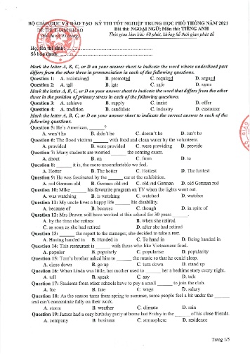 Đề thi tốt nghiệp THPT quốc gia năm 2021 môn Tiếng Anh