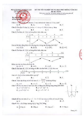 Đề thi tốt nghiệp THPT quốc gia năm 2021 môn Toán