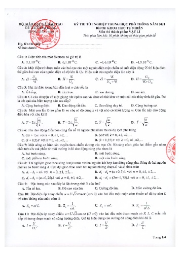 Đề thi tốt nghiệp THPT quốc gia năm 2021 môn Vật lí