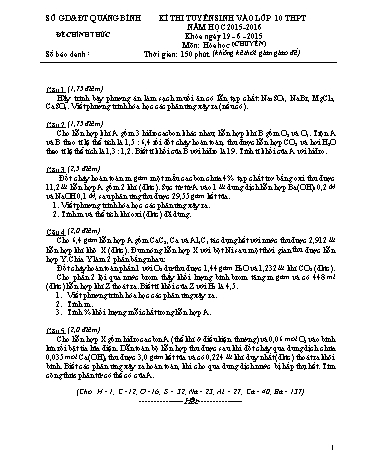 Đề thi tuyển sinh vào Lớp 10 THPT môn Hóa học (Chuyên) - Năm học 2015-2016 - Trường THPT chuyên Võ Nguyên Giáp (Có đáp án)